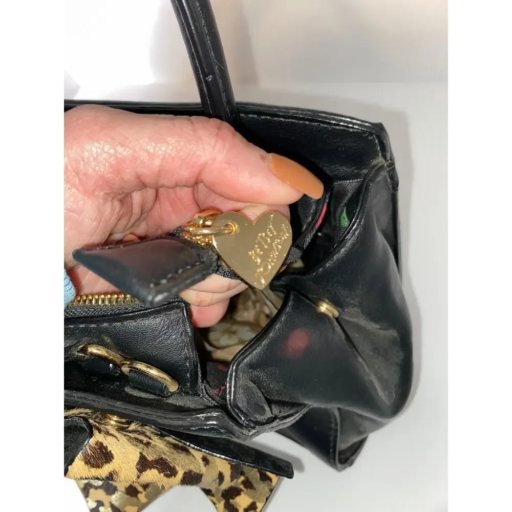 Betsey Johnson Black Satchel Handbag with Leopard Bow Accent